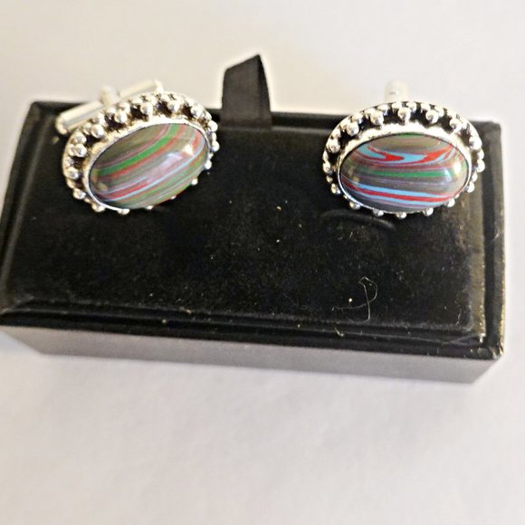 Multicolor Banded Agate  925 Sterling Silver Gemstone Cufflink Set - Picture 1 of 2